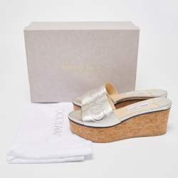 Pre Owned Jimmy Choo Silver Leather Logo Embossed Deedee Cork Platform Wedge Sandals Size 38