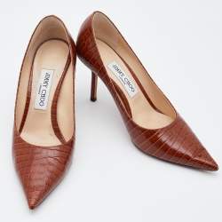 Pre Owned Jimmy Choo Brown Croc Embossed Leather Love Pumps Size 37.5
