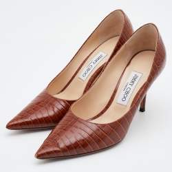 Pre Owned Jimmy Choo Brown Croc Embossed Leather Love Pumps Size 37.5