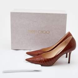 Pre Owned Jimmy Choo Brown Croc Embossed Leather Love Pumps Size 37.5