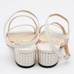 Pre Owned Jimmy Choo White Studded Leather Marine Block Heel Ankle Strap Sandals Size 36.5