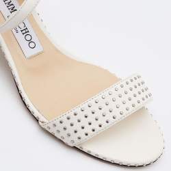 Pre Owned Jimmy Choo White Studded Leather Marine Block Heel Ankle Strap Sandals Size 36.5