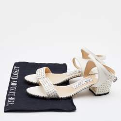 Pre Owned Jimmy Choo White Studded Leather Marine Block Heel Ankle Strap Sandals Size 36.5