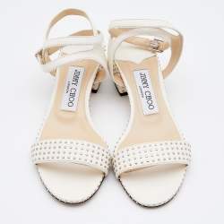Pre Owned Jimmy Choo White Studded Leather Marine Block Heel Ankle Strap Sandals Size 36.5