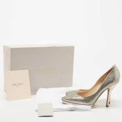 Jimmy Choo Silver Glitter and Leather Platform Pumps Size 37.5