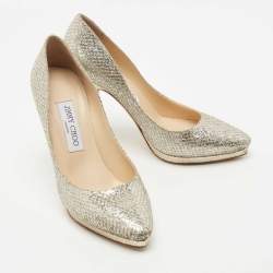 Jimmy Choo Silver Glitter and Leather Platform Pumps Size 37.5