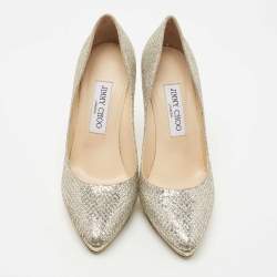 Jimmy Choo Silver Glitter and Leather Platform Pumps Size 37.5