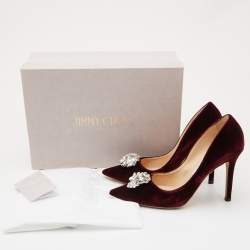 Pre Owned Jimmy Choo Burgundy Velvet Manda Crystal Embellished Pointed Toe Pumps Size 38