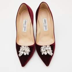 Pre Owned Jimmy Choo Burgundy Velvet Manda Crystal Embellished Pointed Toe Pumps Size 38
