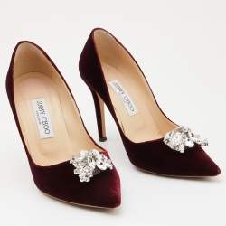 Pre Owned Jimmy Choo Burgundy Velvet Manda Crystal Embellished Pointed Toe Pumps Size 38