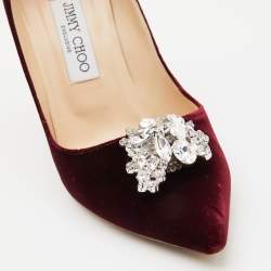 Pre Owned Jimmy Choo Burgundy Velvet Manda Crystal Embellished Pointed Toe Pumps Size 38