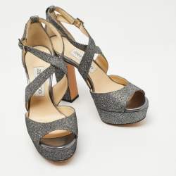 Pre Owned صندل جيمي تشو ابريل سير متعاكس نعل سميك كعب سميك قطيفة بني مقاس 37.5