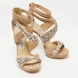 Pre Owned Jimmy Choo Beige Suede And Satin Crystal Embellished Kani Platform Sandals Size 37.5