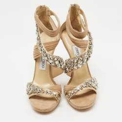 Pre Owned Jimmy Choo Beige Suede And Satin Crystal Embellished Kani Platform Sandals Size 37.5