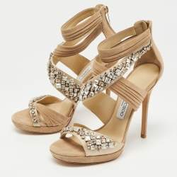 Pre Owned Jimmy Choo Beige Suede And Satin Crystal Embellished Kani Platform Sandals Size 37.5