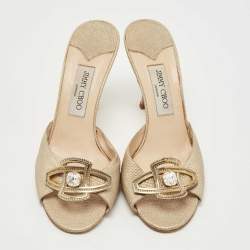 Pre Owned Jimmy Choo Metallic Gold Leather Crystal Embellished Slides Size 39.5