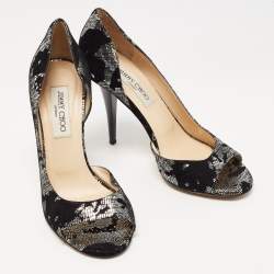 مملوكة مسبقًا Jimmy Choo Black/Silver Suede and Fabric Open Toe Pumps 38.5