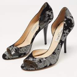 مملوكة مسبقًا Jimmy Choo Black/Silver Suede and Fabric Open Toe Pumps 38.5