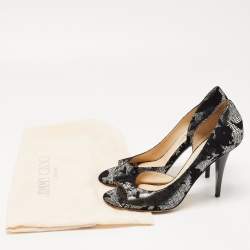 مملوكة مسبقًا Jimmy Choo Black/Silver Suede and Fabric Open Toe Pumps 38.5