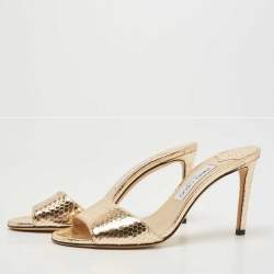 Pre Owned Jimmy Choo Gold Embossed Snakeskin Stacey Slide Sandals Size 39