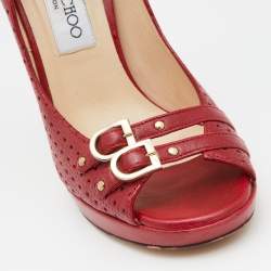 Pre Owned Jimmy Choo Red Perforated Leather Peep Toe Pumps Size 35