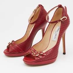 Pre Owned Jimmy Choo Red Perforated Leather Peep Toe Pumps Size 35