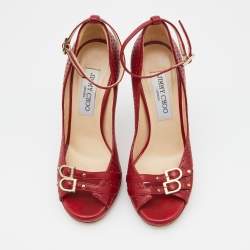 Pre Owned Jimmy Choo Red Perforated Leather Peep Toe Pumps Size 35