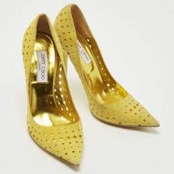 Pre Owned Jimmy Choo Yellow Laser Cut Suede Pointed Toe Pumps Size 40.5