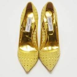 Pre Owned Jimmy Choo Yellow Laser Cut Suede Pointed Toe Pumps Size 40.5