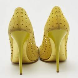 Pre Owned Jimmy Choo Yellow Laser Cut Suede Pointed Toe Pumps Size 40.5
