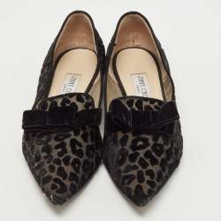 Pre Owned Jimmy Choo Black Mesh and Velvet Leopard Gala Flats Size 39.5