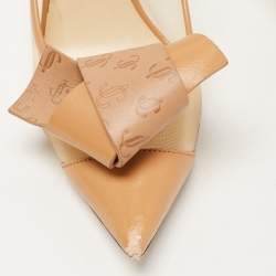 Pre Owned Jimmy Choo Beige Mesh and Leather JC Logo Bow Lani Pumps Size 36