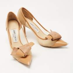Pre Owned Jimmy Choo Beige Mesh and Leather JC Logo Bow Lani Pumps Size 36