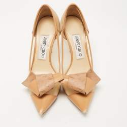 Pre Owned Jimmy Choo Beige Mesh and Leather JC Logo Bow Lani Pumps Size 36
