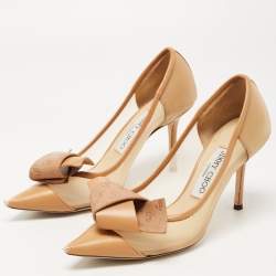 Pre Owned Jimmy Choo Beige Mesh and Leather JC Logo Bow Lani Pumps Size 36
