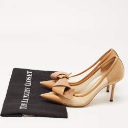 Pre Owned Jimmy Choo Beige Mesh and Leather JC Logo Bow Lani Pumps Size 36
