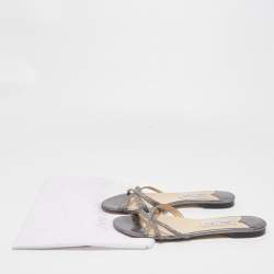 Jimmy Choo Metallic Grey Lurex Fabric Strappy Flat Slides Size 39