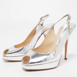 Pre Owned Jimmy Choo Silver Leather Nova Slingback Pumps Size 38.5