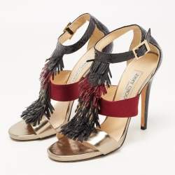 Jimmy Choo Tricolor Python, Satin and Leather Fedora Fringe Sandals Size 38.5