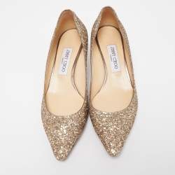 Pre Owned Jimmy Choo Gold Coarse Glitter Romy Pumps Size 38