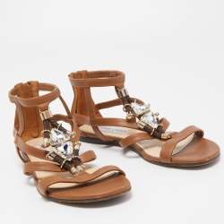 مملوكة مسبقًا Jimmy Choo Brown Leather Crystal Embellished Caged Flat Sandals Size 37