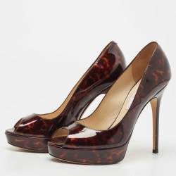 Pre Owned Jimmy Choo Brown Patent Leather Peep Toe Pumps Size 37.5