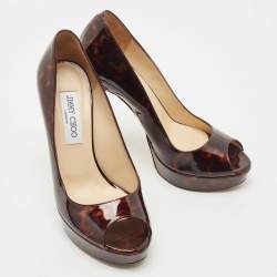 Pre Owned Jimmy Choo Brown Patent Leather Peep Toe Pumps Size 37.5