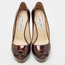 Pre Owned Jimmy Choo Brown Patent Leather Peep Toe Pumps Size 37.5