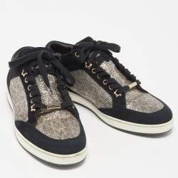 Pre Owned Jimmy Choo Black Suede and Glitter Miami Low Top Sneakers Size 39