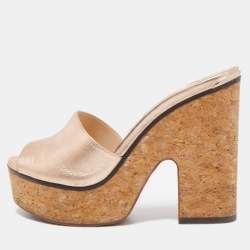 Jimmy Choo Gold Leather Cork Slide  Platform Sandals Size 37