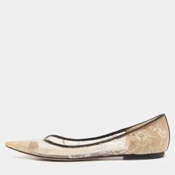Pre Owned Jimmy Choo Gold/Black Leather, Lace and PVC Romy Ballet Flats Size 38.5
