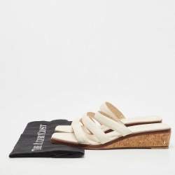 Pre Owned Jimmy Choo Cream Leather Cork Wedge Slides Size 38