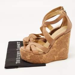 Pre Owned Jimmy Choo Brown Leather Parrow Cork Lace Wedge Sandals Size 40