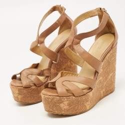 Pre Owned Jimmy Choo Brown Leather Parrow Cork Lace Wedge Sandals Size 40